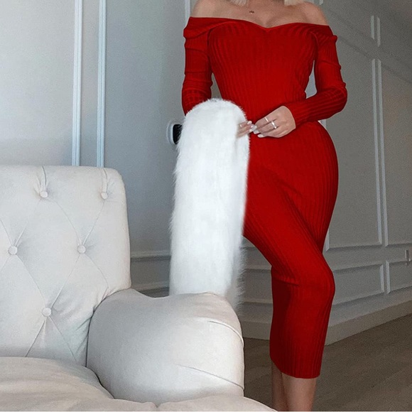 - 💕 RED Women's Sexy Long Sleeve Off Shoulder Knit Bodycon Long Dress *NEW* - Picture 6 of 6